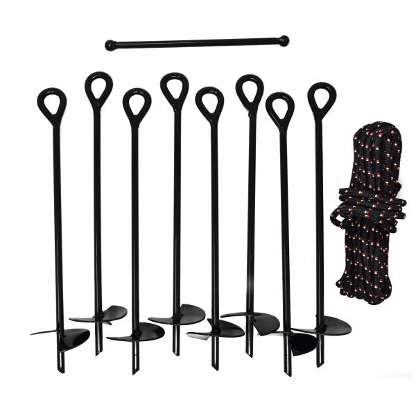 Ground Anchor Kit 3 Wide Helix Rope Carrying Sack /& Eight Heavy Duty Rods Includes Torque Bar 3//8 Diameter Stake Shaft Set of 8 Earth Augers 15 Long