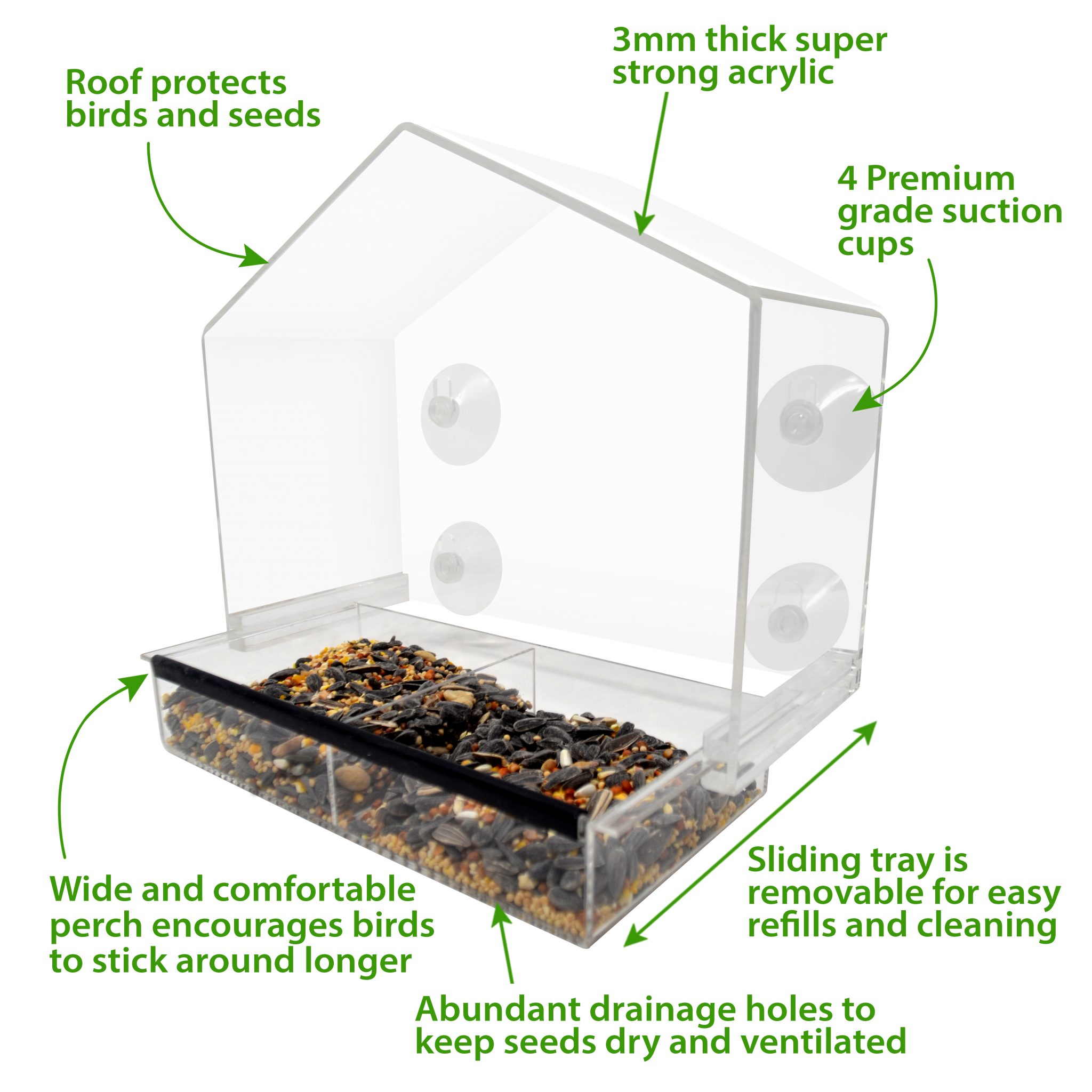 Deluxe Clear Window Bird Feeder, Large Wild Birdfeeder With Drain Holes